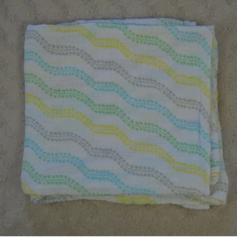Luvable Friends Dots Waves Baby Swaddle Blanket Green White Blue Yellow Muslin